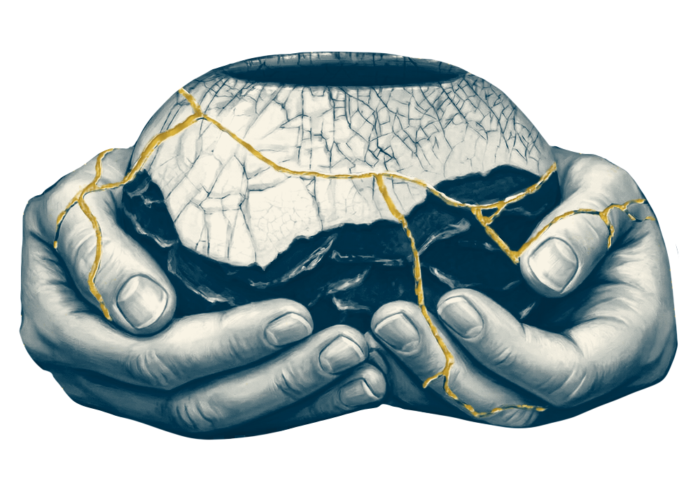 Two hands holding a bowl mended with gold
